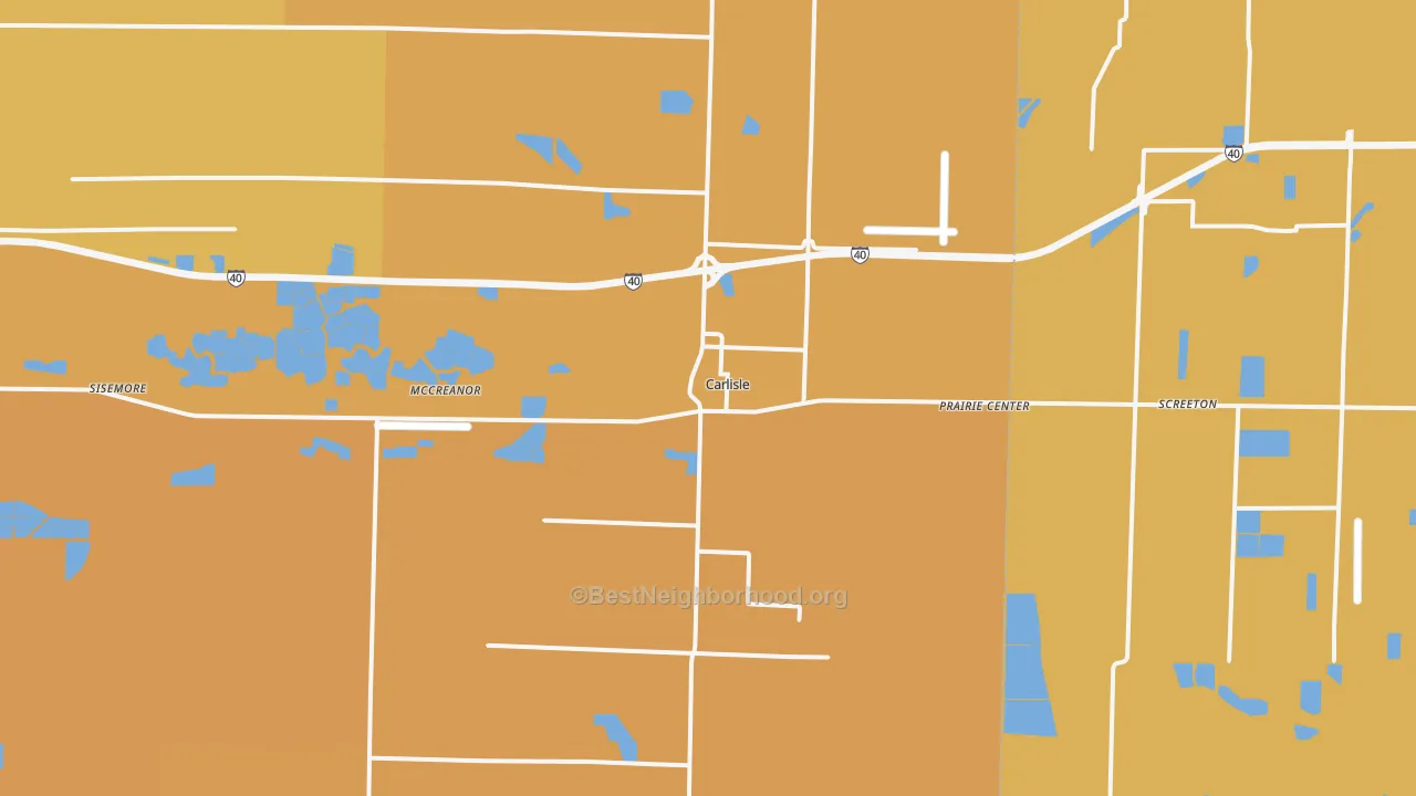 Map of the best neighborhoods in the Carlisle area, with better matches in green and worse matches in red