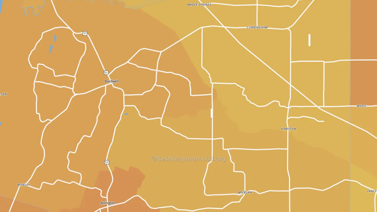 Map of the best neighborhoods in the Carlisle County area, with better matches in green and worse matches in red
