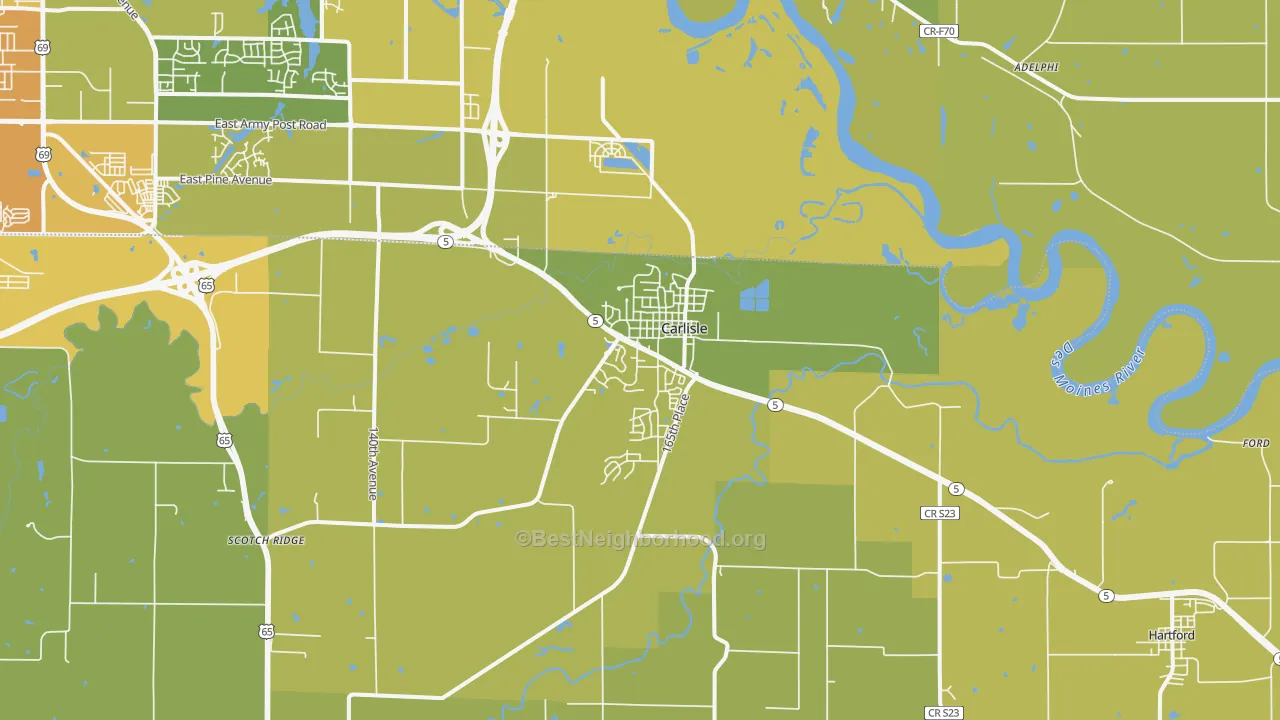 Map of the best neighborhoods in the Carlisle area, with better matches in green and worse matches in red