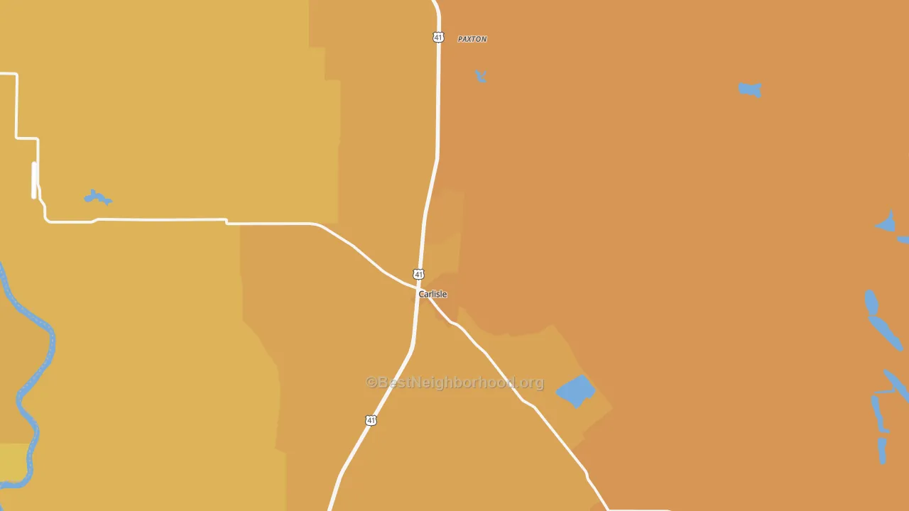 Map of the best neighborhoods in the Carlisle area, with better matches in green and worse matches in red