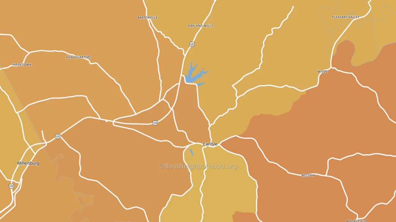 Map of the best neighborhoods in the Carlisle area, with better matches in green and worse matches in red