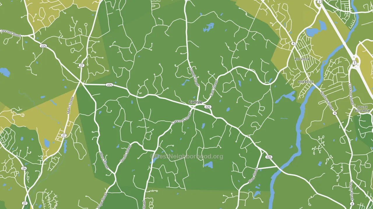Map of the best neighborhoods in the Carlisle area, with better matches in green and worse matches in red