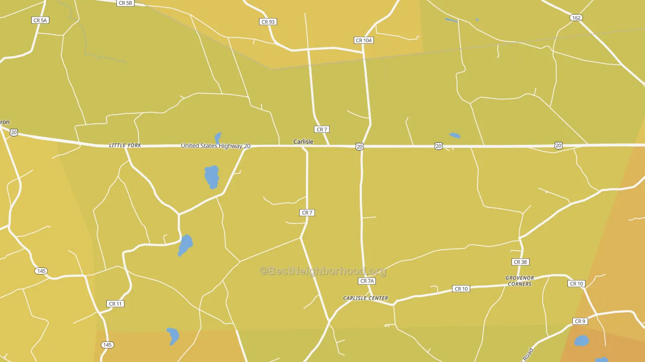 Map of the best neighborhoods in the Carlisle area, with better matches in green and worse matches in red