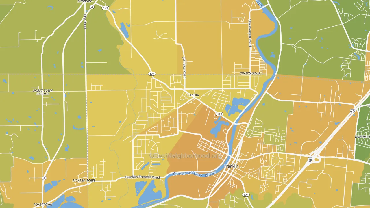 Map of the best neighborhoods in the Carlisle area, with better matches in green and worse matches in red