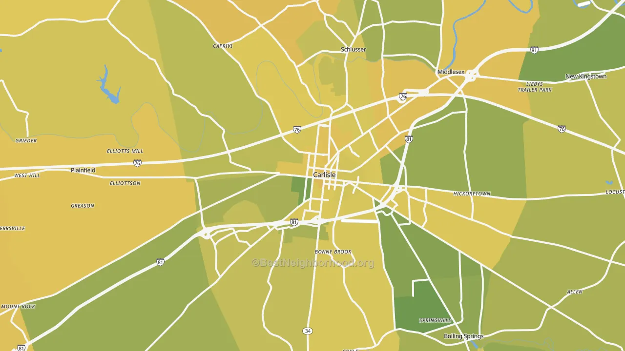 Map of the best neighborhoods in the Carlisle area, with better matches in green and worse matches in red