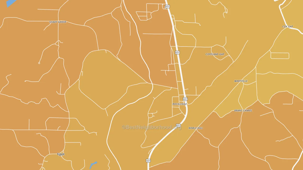 Map of the best neighborhoods in the Carlisle-Rockledge area, with better matches in green and worse matches in red