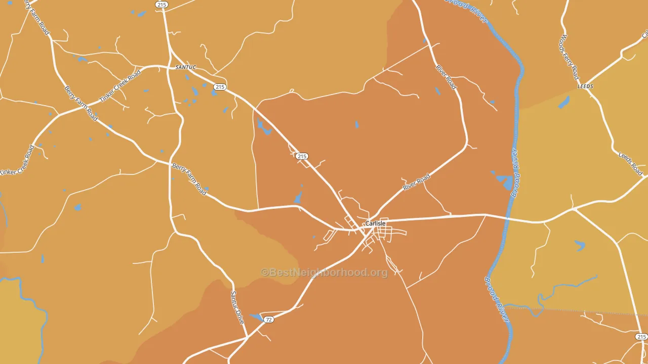 Map of the best neighborhoods in the Carlisle area, with better matches in green and worse matches in red