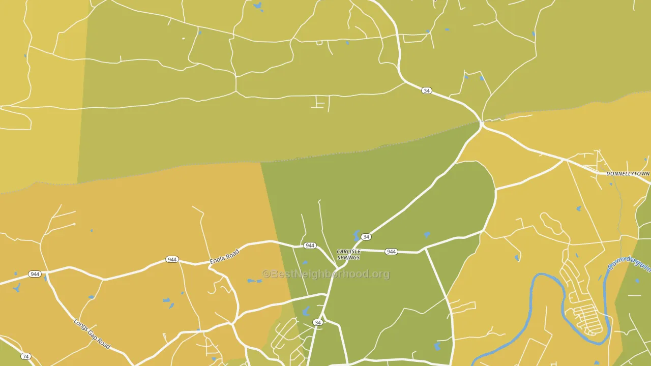 Map of the best neighborhoods in the Carlisle Springs area, with better matches in green and worse matches in red