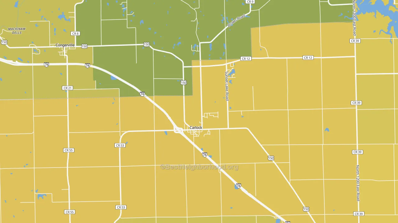 Map of the best neighborhoods in the Carlock area, with better matches in green and worse matches in red