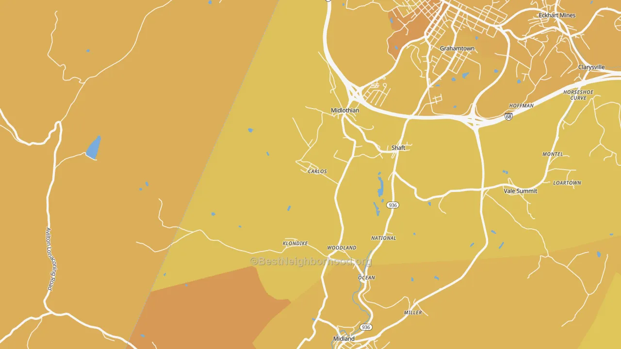 Map of the best neighborhoods in the Carlos area, with better matches in green and worse matches in red