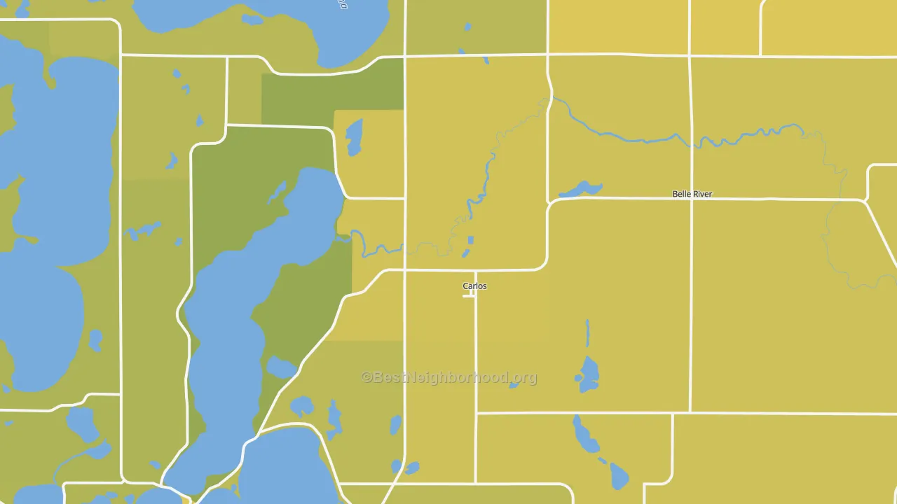 Map of the best neighborhoods in the Carlos area, with better matches in green and worse matches in red