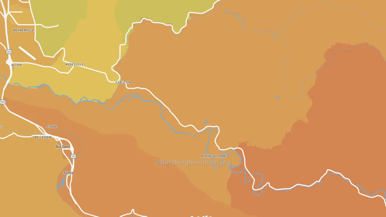Map of the best neighborhoods in the Carlotta area, with better matches in green and worse matches in red