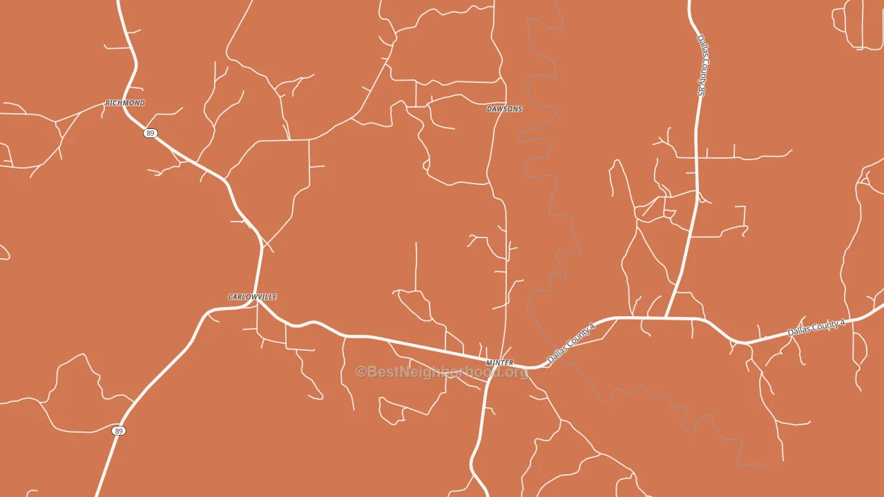 Map of the best neighborhoods in the Carlowville area, with better matches in green and worse matches in red