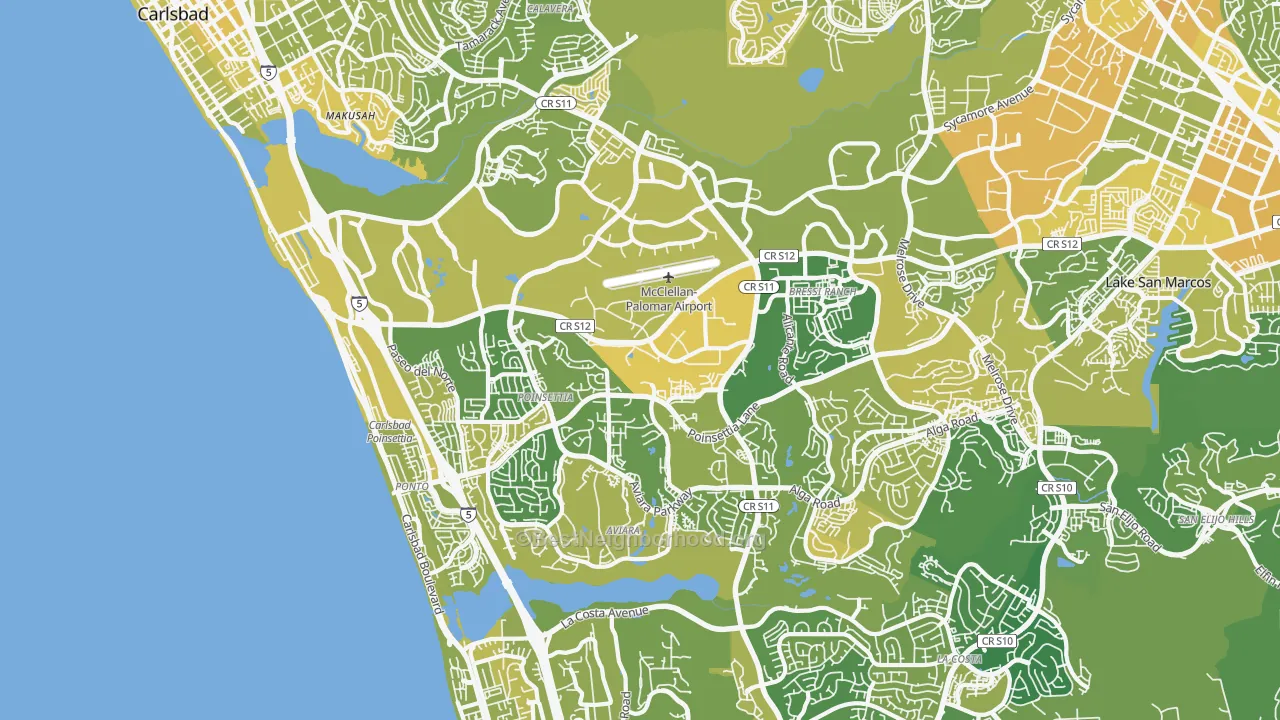 Map of the best neighborhoods in the Carlsbad area, with better matches in green and worse matches in red