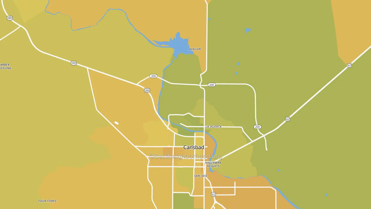 Map of the best neighborhoods in the Carlsbad North area, with better matches in green and worse matches in red