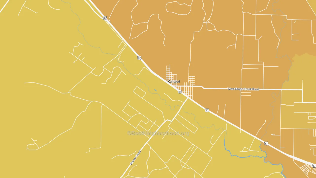 Map of the best neighborhoods in the Carlsbad area, with better matches in green and worse matches in red