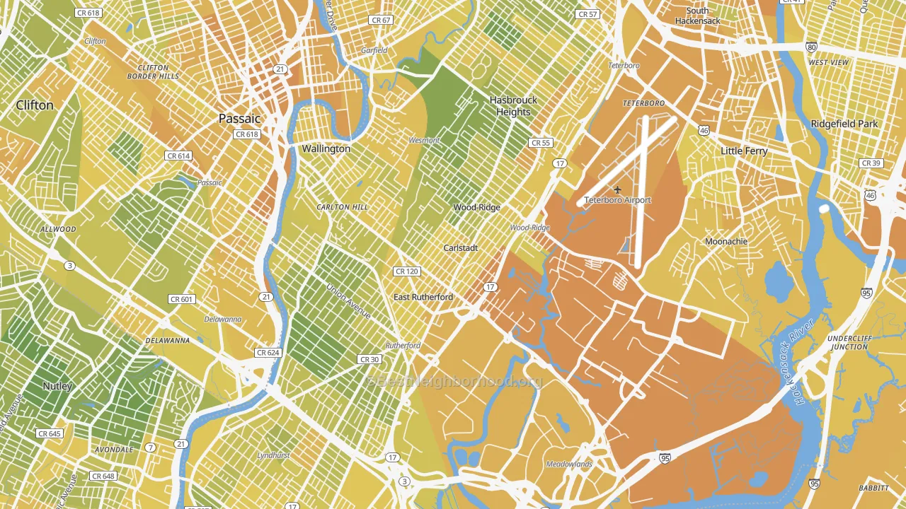 Map of the best neighborhoods in the Carlstadt area, with better matches in green and worse matches in red