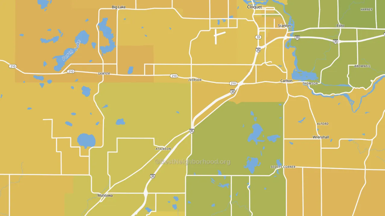 Map of the best neighborhoods in the Carlton County area, with better matches in green and worse matches in red