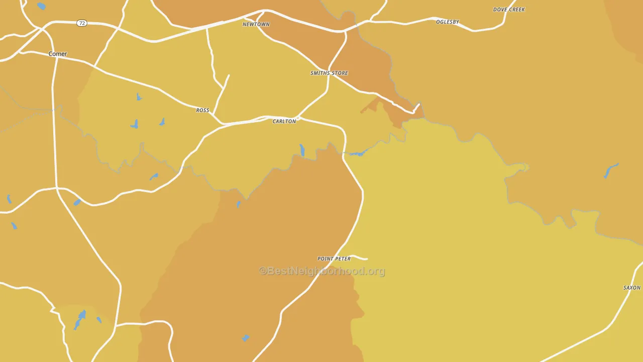 Map of the best neighborhoods in the Carlton area, with better matches in green and worse matches in red