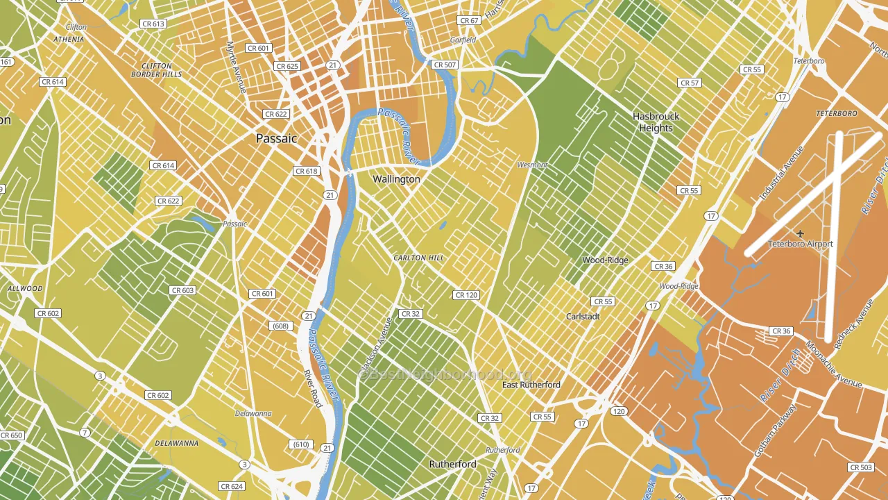 Map of the best neighborhoods in the Carlton Hill, Wallington area, with better matches in green and worse matches in red