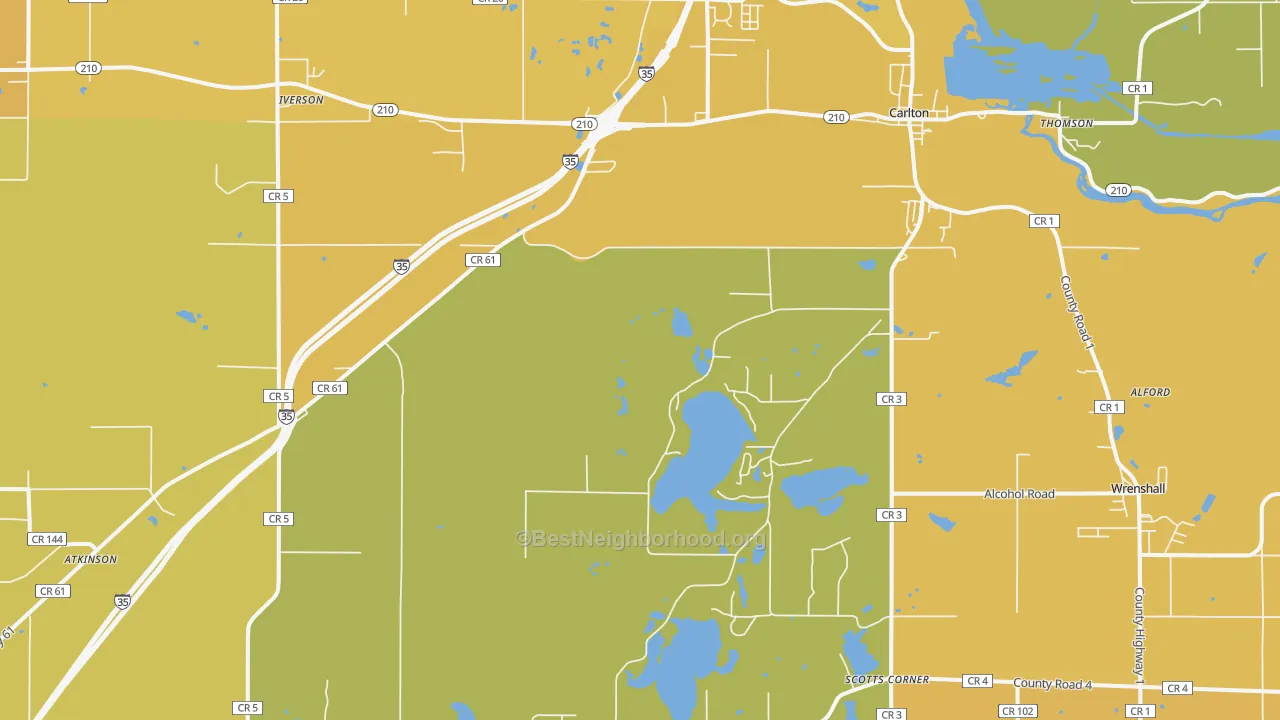 Map of the best neighborhoods in the Carlton area, with better matches in green and worse matches in red