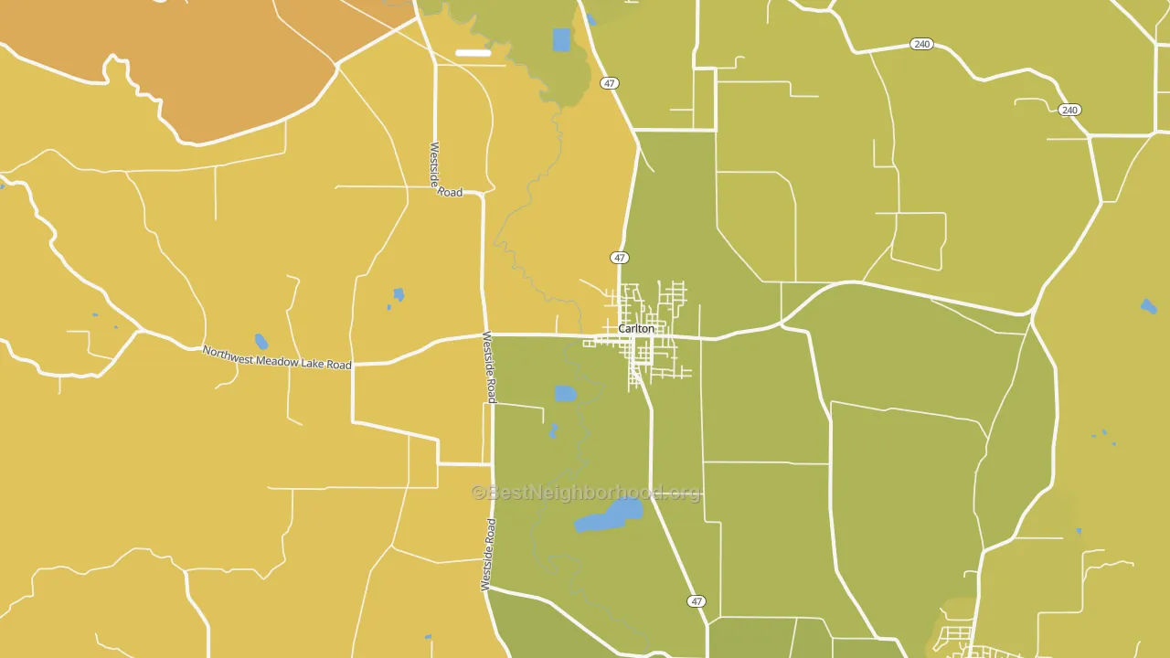 Map of the best neighborhoods in the Carlton area, with better matches in green and worse matches in red