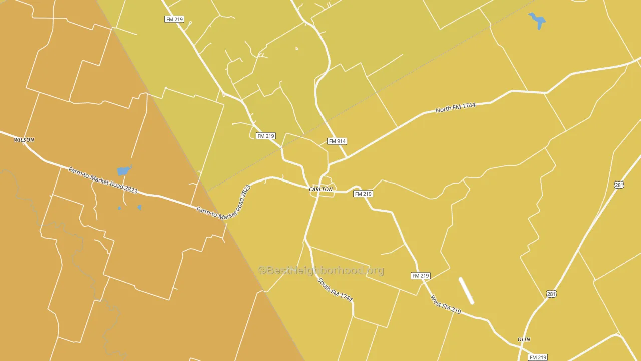 Map of the best neighborhoods in the Carlton area, with better matches in green and worse matches in red