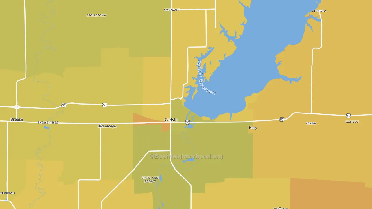 Map of the best neighborhoods in the Carlyle area, with better matches in green and worse matches in red