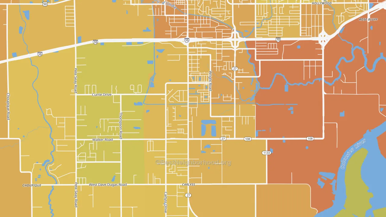 Map of the best neighborhoods in the Carlyss area, with better matches in green and worse matches in red