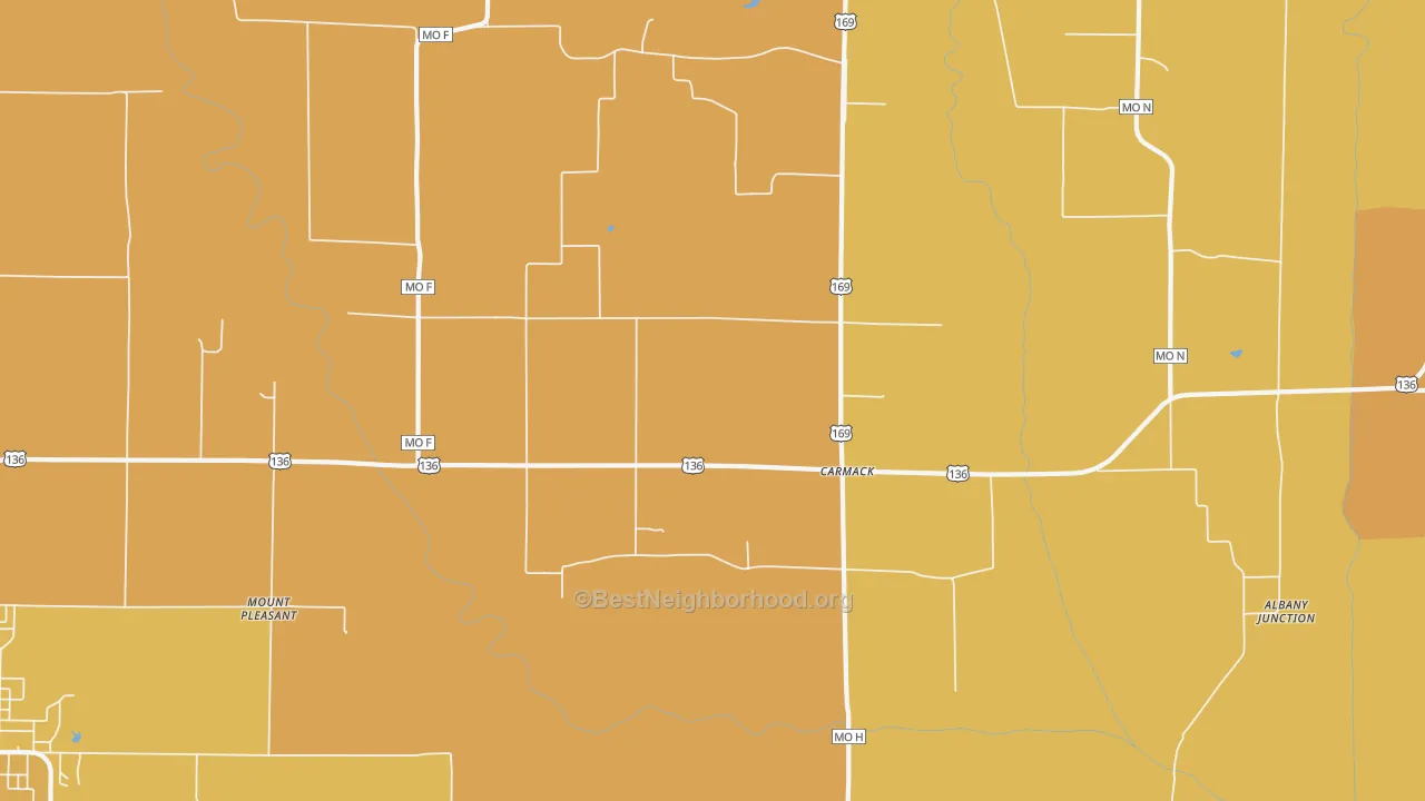 Map of the best neighborhoods in the Carmack area, with better matches in green and worse matches in red