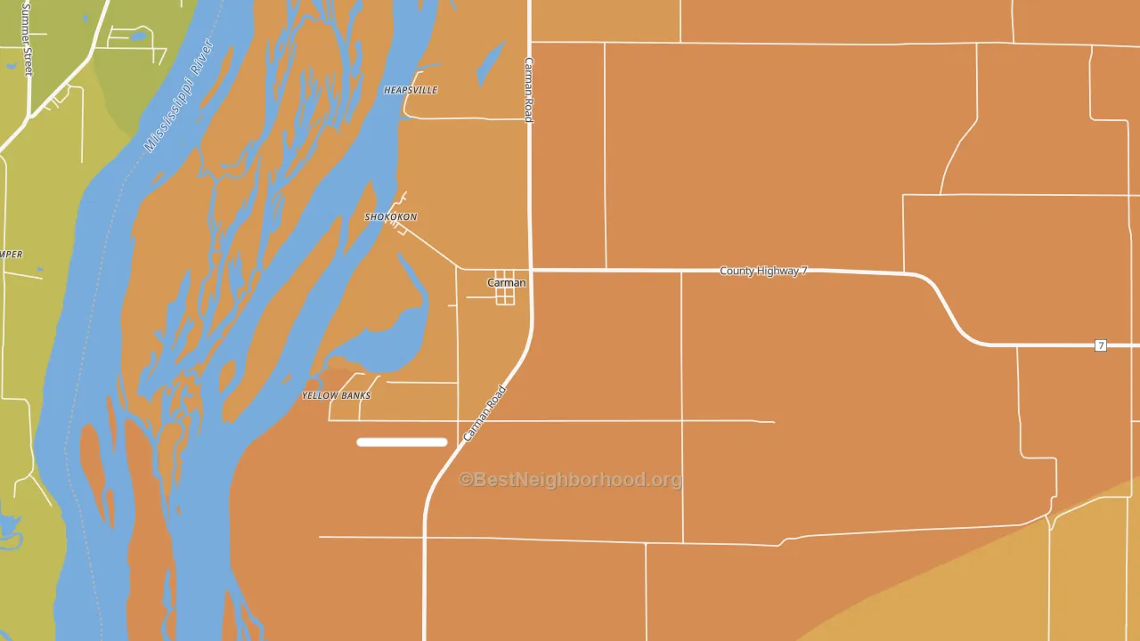 Map of the best neighborhoods in the Carman area, with better matches in green and worse matches in red