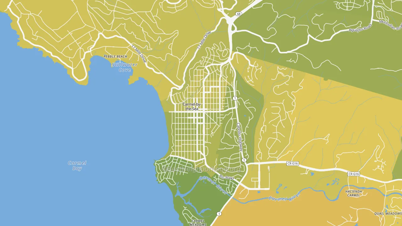 Map of the best neighborhoods in the Carmel-By-The-Sea area, with better matches in green and worse matches in red