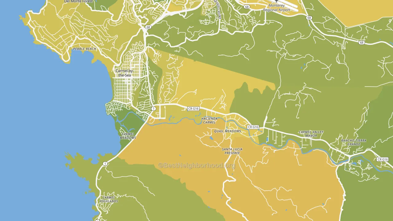Map of the best neighborhoods in the Carmel area, with better matches in green and worse matches in red