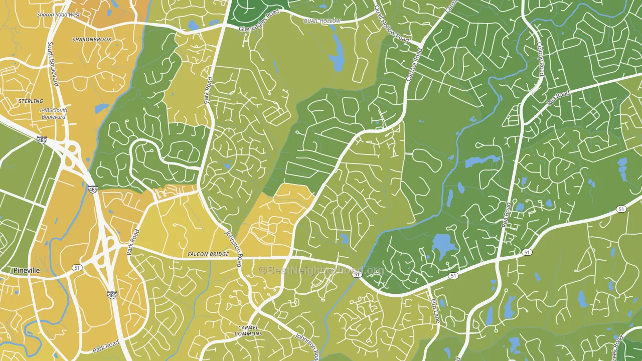 Map of the best neighborhoods in the Carmel, Charlotte area, with better matches in green and worse matches in red