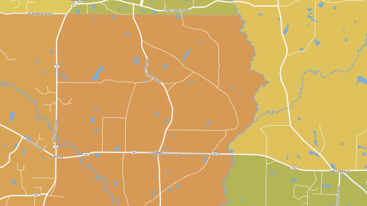 Map of the best neighborhoods in the Carmel area, with better matches in green and worse matches in red