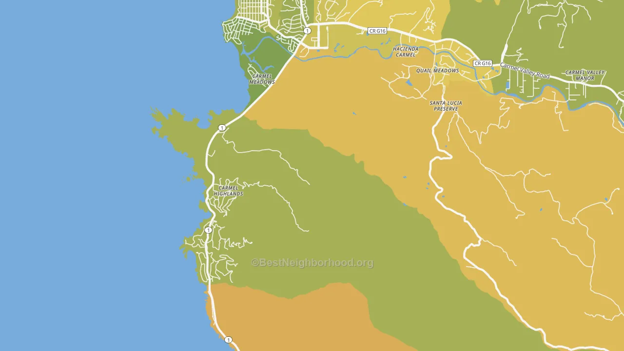 Map of the best neighborhoods in the Carmel Highlands area, with better matches in green and worse matches in red