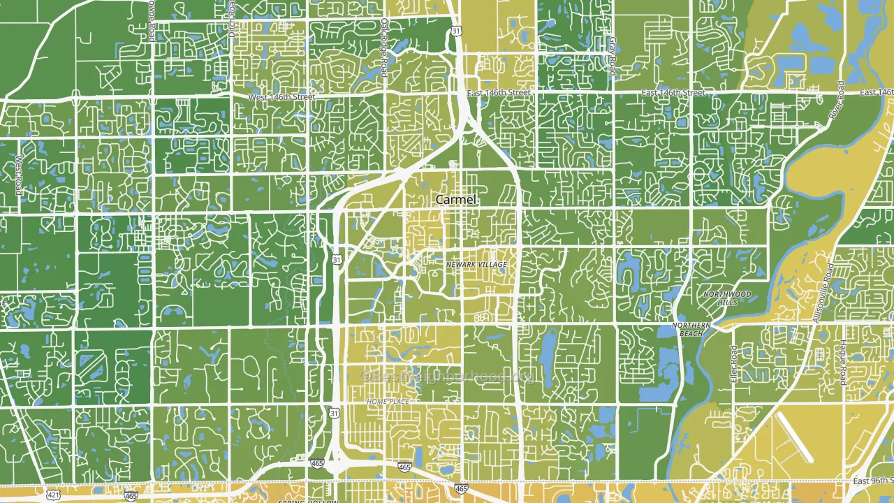 Map of the best neighborhoods in the Carmel area, with better matches in green and worse matches in red