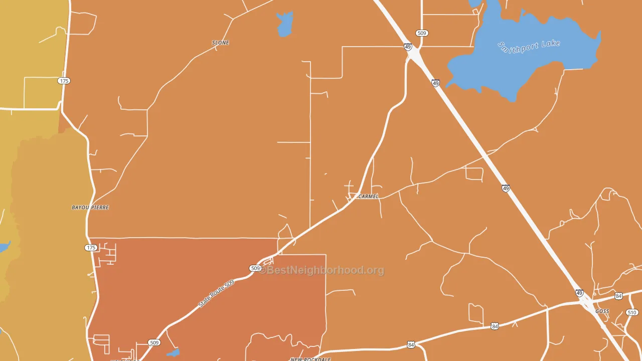 Map of the best neighborhoods in the Carmel area, with better matches in green and worse matches in red