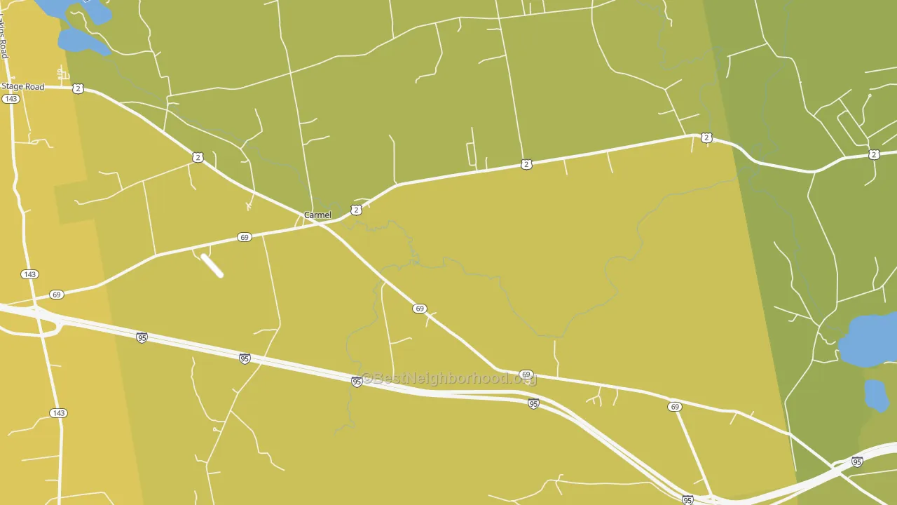 Map of the best neighborhoods in the Carmel area, with better matches in green and worse matches in red