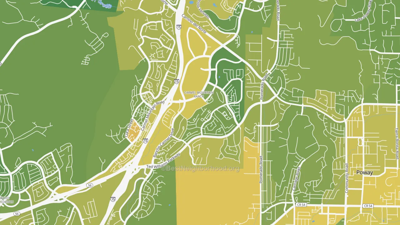 Map of the best neighborhoods in the Carmel Mountain, San Diego area, with better matches in green and worse matches in red