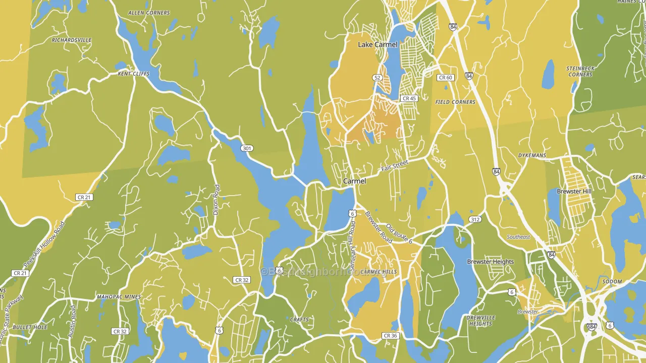 Map of the best neighborhoods in the Carmel area, with better matches in green and worse matches in red