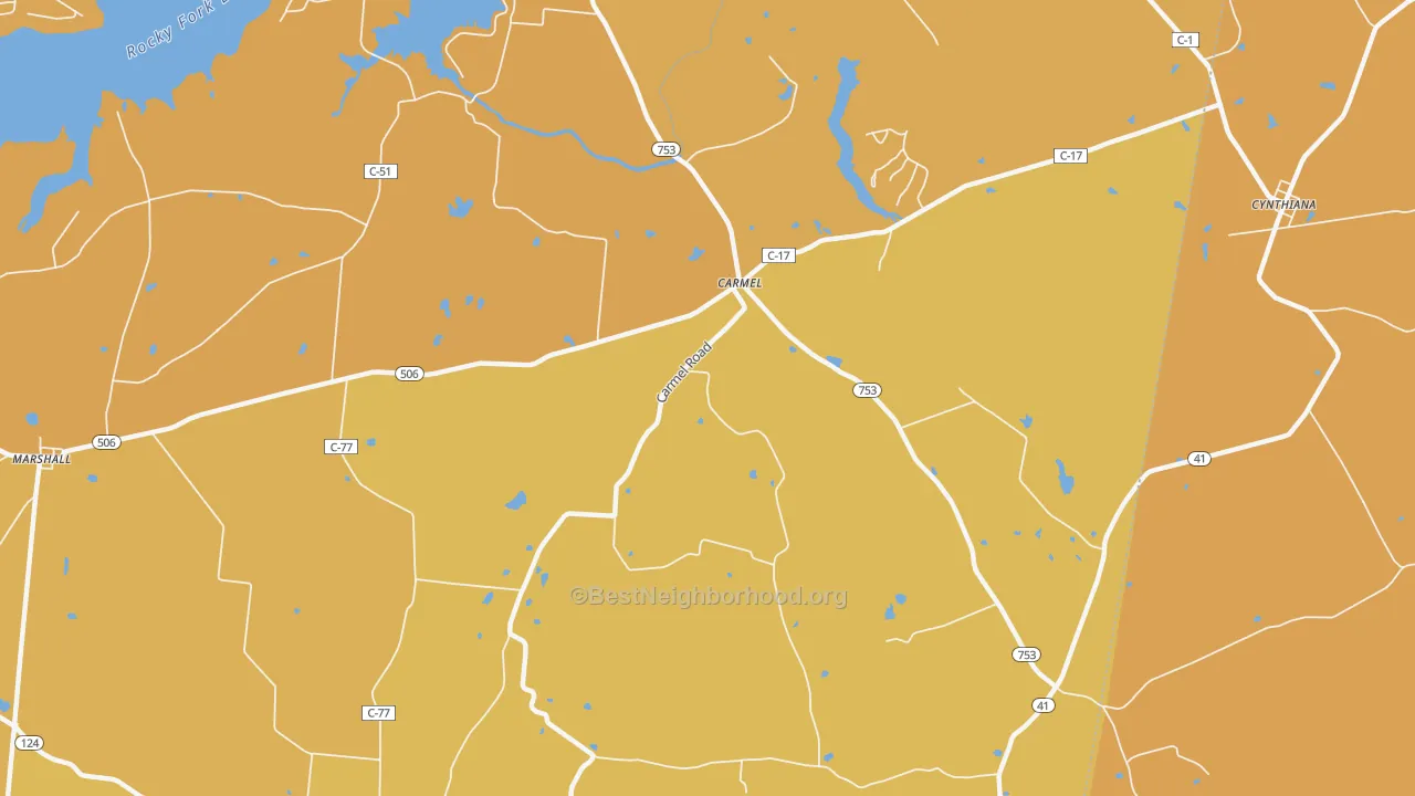 Map of the best neighborhoods in the Carmel area, with better matches in green and worse matches in red