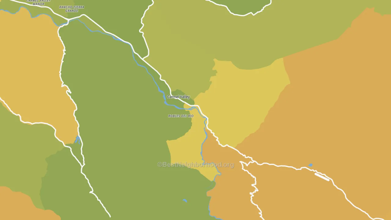 Map of the best neighborhoods in the Carmel Valley area, with better matches in green and worse matches in red