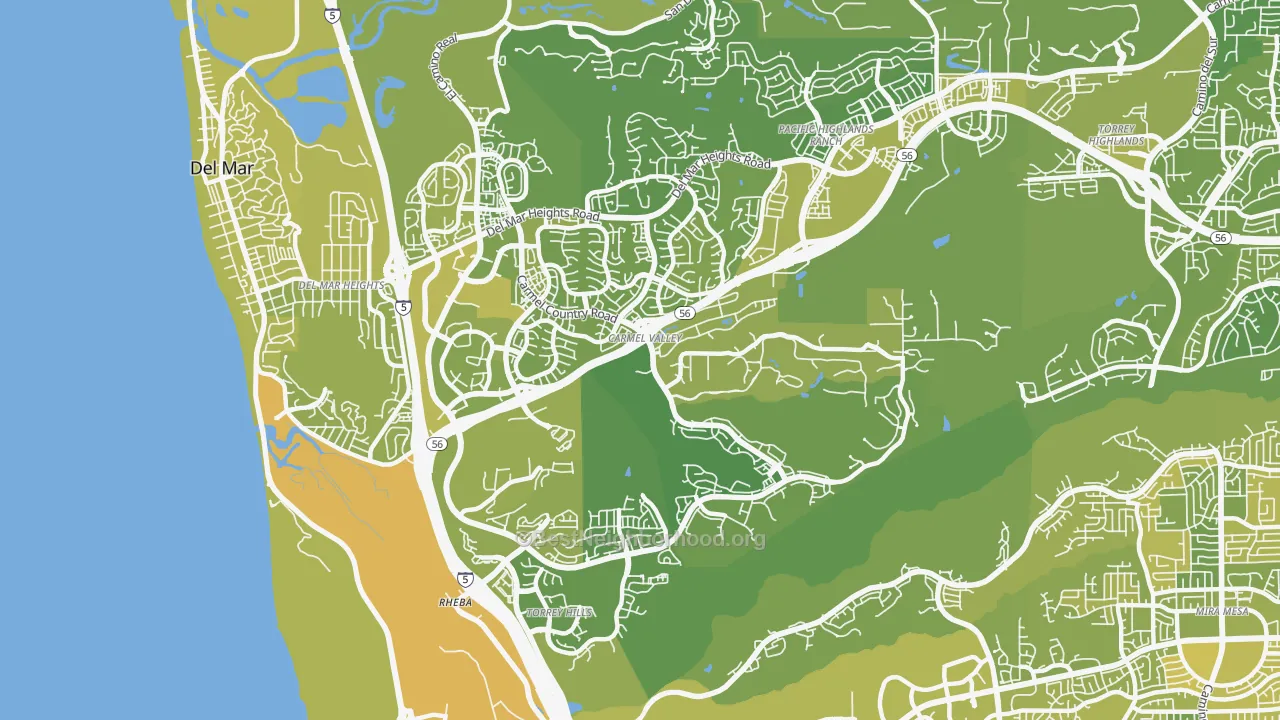 Map of the best neighborhoods in the Carmel Valley, San Diego area, with better matches in green and worse matches in red