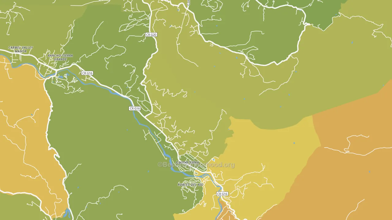Map of the best neighborhoods in the Carmel Valley Village area, with better matches in green and worse matches in red