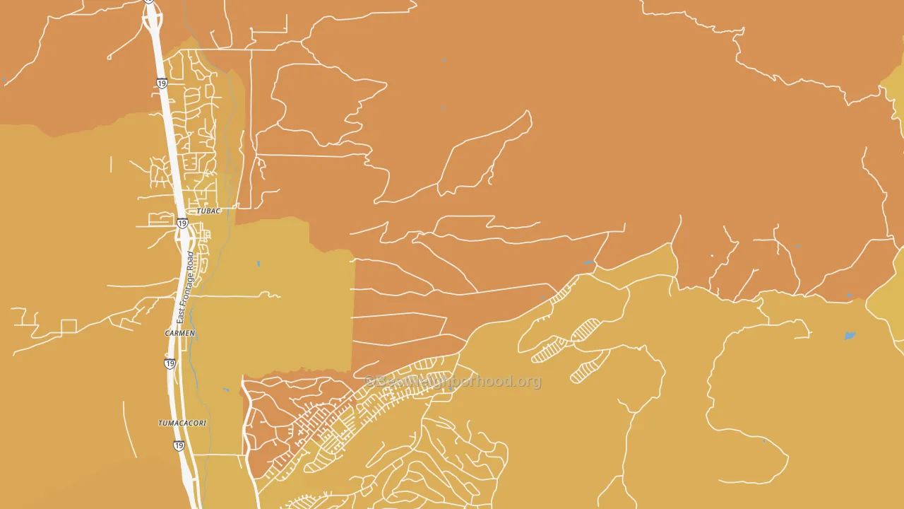 Map of the best neighborhoods in the Carmen area, with better matches in green and worse matches in red