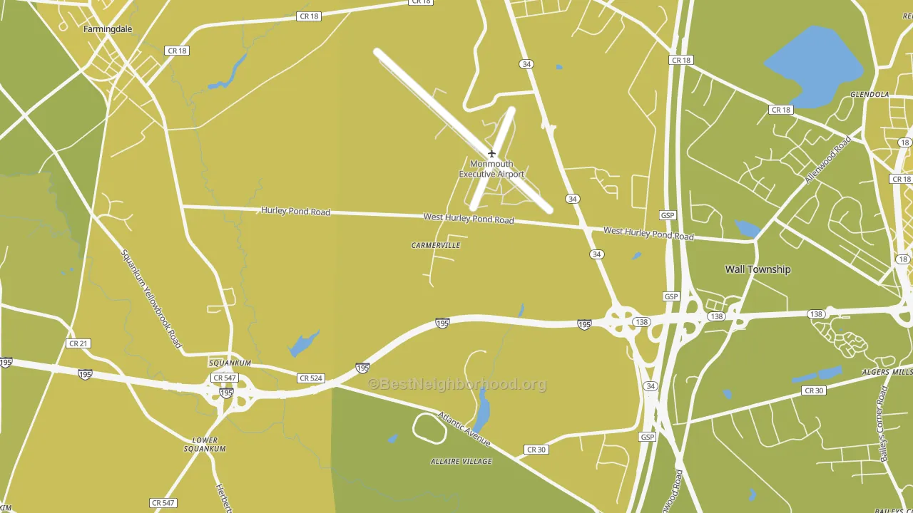 Map of the best neighborhoods in the Carmerville area, with better matches in green and worse matches in red
