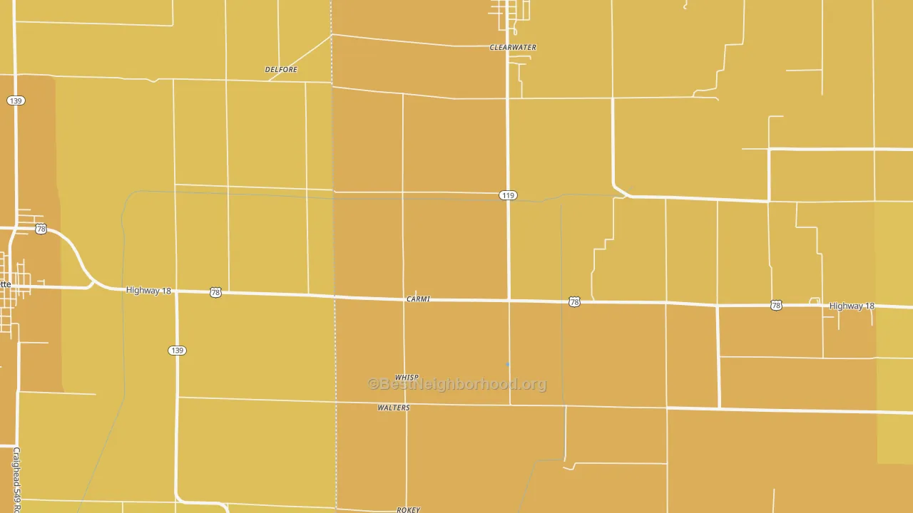 Map of the best neighborhoods in the Carmi area, with better matches in green and worse matches in red