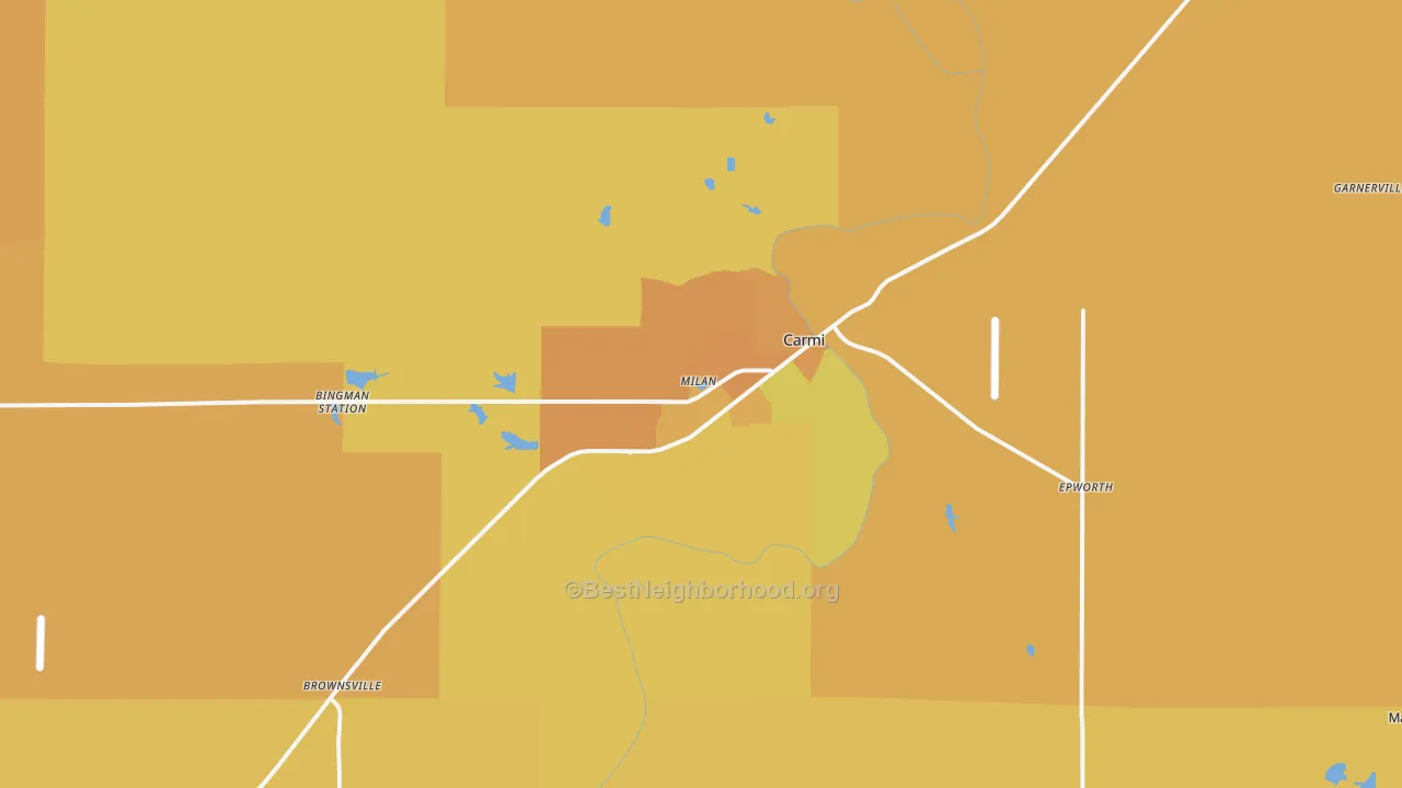 Map of the best neighborhoods in the Carmi area, with better matches in green and worse matches in red