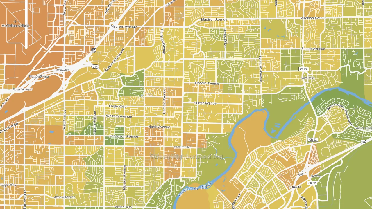 Map of the best neighborhoods in the Carmichael area, with better matches in green and worse matches in red